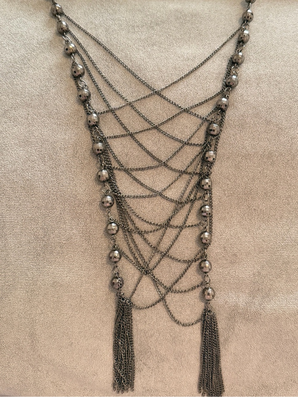 Gunmetal Multi-Strand Beaded Tassel Necklace - Women Jewelry
